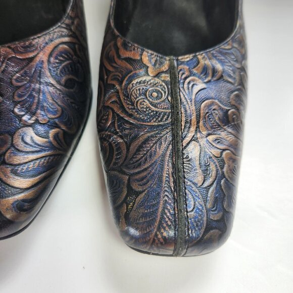 Art Effects Shoes Heels Size 7 Embossed Tooled Leather Look Square Toe 2 3/4" - Picture 8 of 13